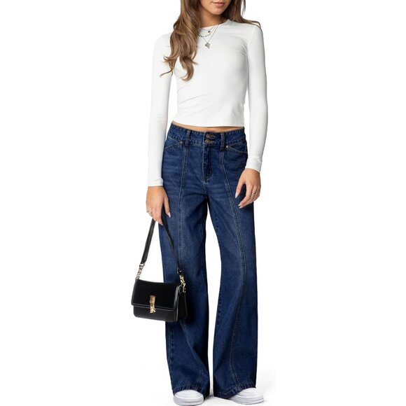 Women's Wide Leg Jeans High Waisted Straight Tummy Control Casual Pants - Picture 4 of 6